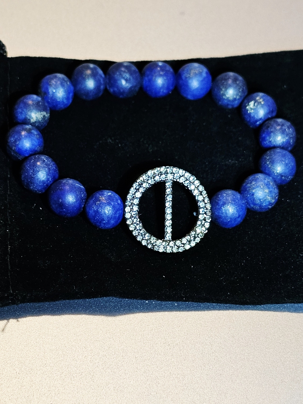 Marlyn Schiff Blue Sandblasted Lapis Lazuli Bead Stretch Bracelet Pavé CZ Circle